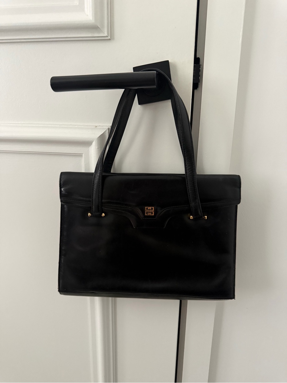 Givenchy vintage Black Leather Structured Shoulder Bag with Gold Accent